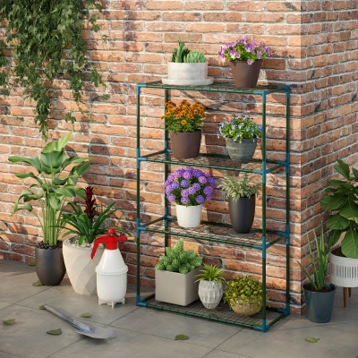 Outsunny 70L x 27W x 110H cm Modern Plant Stand Set of 2, 4-Tier Planter Holder with Steel Frame, Outdoor Flower Display Rack for Potted Plants Balcony Décor, Green