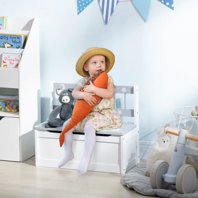 ZONEKIZ Baú Infantil 2 em 1 Banco de Armazenamento Infantil com Tampa para Dormitório Sala de Jogos 60x30x50cm Branco e Cinza
