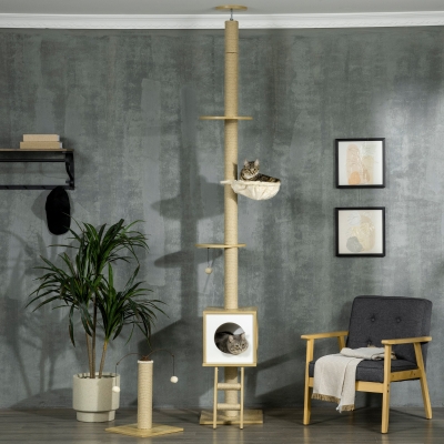 PawHut Árvore para Gatos do Chão ao Teto 220-260cm com Altura Ajustável Plataformas Rede Caverna Poste de Juta 40x40225-285cm Bege