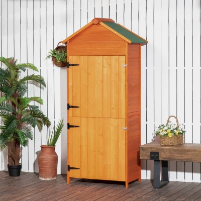 Outsunny Wooden Garden Shed, Small Outdoor Storage Cabinet with 3 Shelves, Tilted-felt Roof, and Two Lockable Doors, Orange