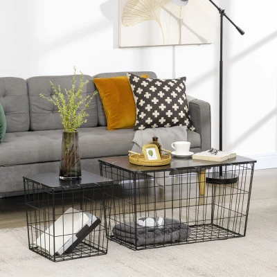 HOMCOM Side Table Marble Top, Black, with Storage, for Living Room Bedroom