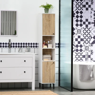 kleankin Coluna Casa de Banho Armário Alto Auxiliar de Casa de Banho com 2 Portas e 6 Prateleiras 31,5x30x169 cm Branco e Carvalho
