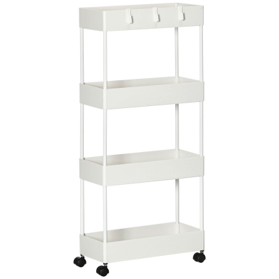 HOMCOM Küchenwagen mit 4 Regalen, 3 flexiblen Haken, 4 Rollen, 40 cm x 19 cm x 90 cm, Nischenwagen, Weiß