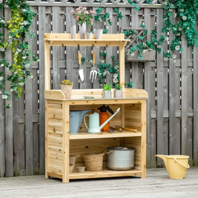 Outsunny Wooden Potting Bench Table with Metal Top Natural