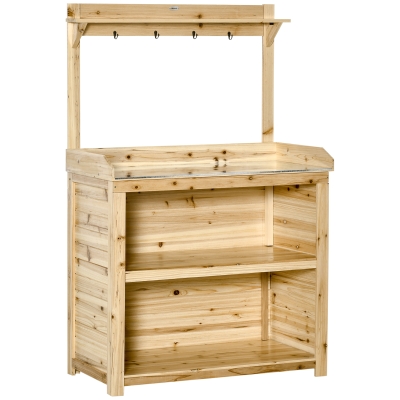 Outsunny Wooden Potting Bench Table with Metal Top Natural