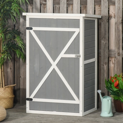 Outsunny Armário de Jardim de Madeira 75x56x115cm para Ferramentas com 3 Prateleiras Interiores Porta com Trava e Teto Asfáltico Cinza