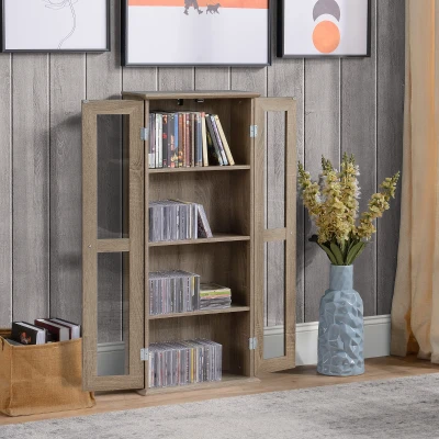 HOMCOM 100CD Media Cabinet with Glass Doors, 4-Tier CD Storage Unit, Modern Bookcase with Magnetic Design for Study, Brown