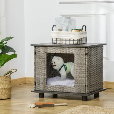 PawHut Wicker Dog House End Table Furniture, Rattan Pet Cat  Bed with Soft Cushion, Adjustable Feet, for X-Small Dogs 60 x 44 x 51.5 cm