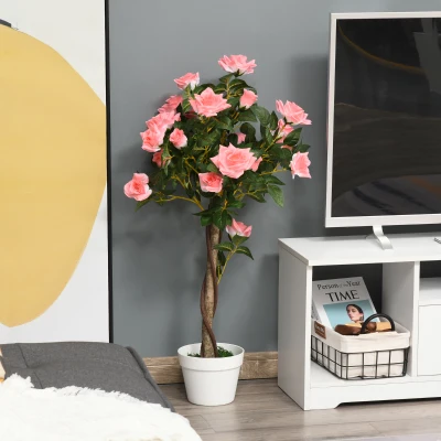 Outsunny Artificial Plants Pink Rose Floral in Pot, Fake Plants for Home Indoor Outdoor Decor, 90cm