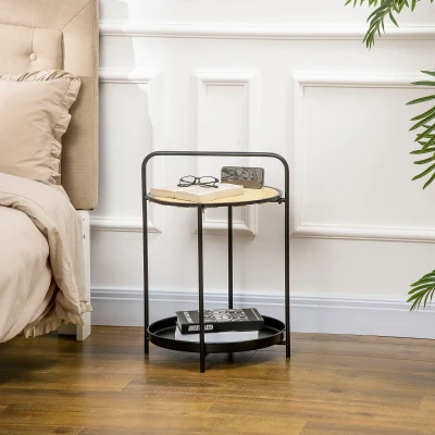 HOMCOM Round End Table, 2-Tier Side Table with Removable Tray, Rattan Top and Metal Frame, Bedside Table for Living Room, Bedroom, Black