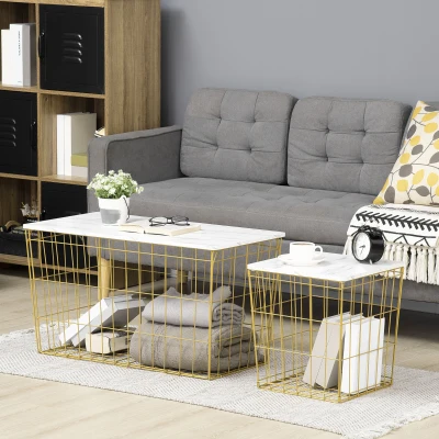 HOMCOM Nest of Tables, End Tables Set of 2 with Faux Marble Top and Wire Metal Frame, Nesting Coffee Tables for Living Room, White and Gold