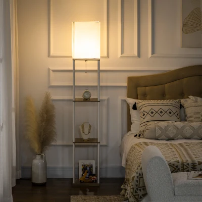 HOMCOM Candeeiro de Pé Moderno com Prateleiras com Ecrã de Tecido e Interruptor de Pé 26x26x159cm Branco e Madeira