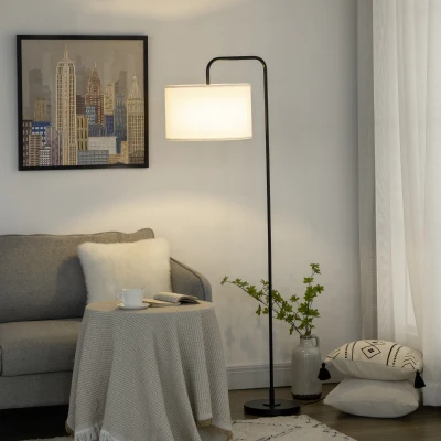 HOMCOM Candeeiro de Pé Moderno Lâmpada E27 Máx. 40W com Ecrã de Linho e Interruptor de Pé 64x38x163,5cm Branco e Preto