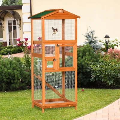 PawHut Gaiola para Pássaros Grande 68x63x165cm de Madeira de Abeto com 2 Portas Bandeja Amovível e Teto Asfáltico Madeira