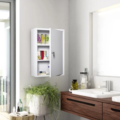 kleankin Armário Farmácia de Parede com 3 Prateleiras de Armazenamento e Fechadura com 2 Chaves 40x18x60cm Branco