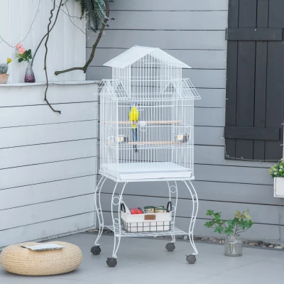 PawHut Gaiola para Pássaros com Rodas Bandeja Amovível Portas Comedouro Poleiro e Prateleira Inferior 50x49x137cm Branco