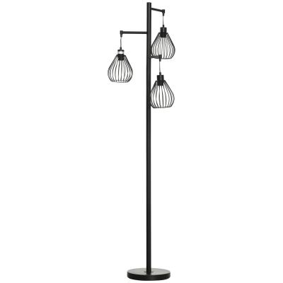 HOMCOM Stehleuchte, Stehlampe, 3 flammig, Gitter-Schirm, Fußschalter, E27 Fassung, Metall, schwarz, 48 x 42 x 175 cm