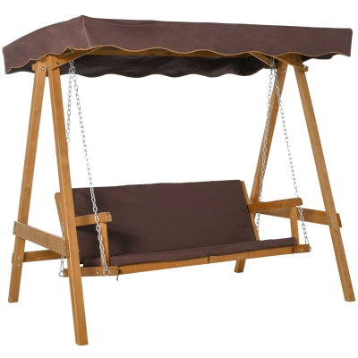 Outsunny Columpio de Jardín de Madera de 3 Plazas con Cojín y Respaldo Acolchados Extraíbles Ángulo del Toldo y Altura del Asiento Ajustable Exteriores 205x130x185 cm Marrón