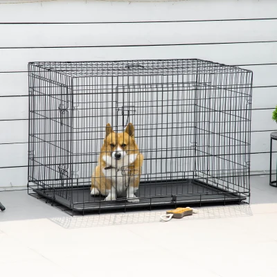 PawHut Gaiola para Cães Pequenos Gaiola para Animal de Estimação Dobrável com 2 Portas Alça de Transporte Bandeja Removível Aço 106x71x76cm Preto