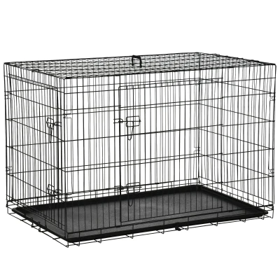 PawHut Gaiola para Cães com 2 Portas Gaiola para Animais de Estimação de Arame Dobrável com Alça de Transporte Aço 121×74,5x81cm Preto
