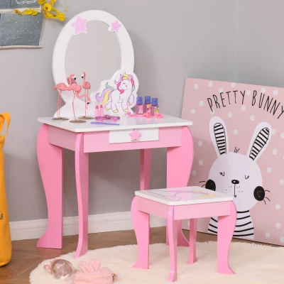 HOMCOM Kids Dressing Table with Mirror, Stool, Pink
