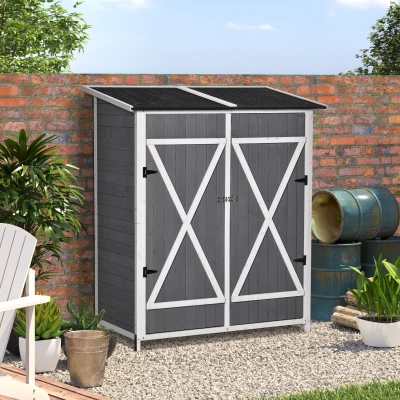 Outsunny Garden Wood Storage Shed w/ Flexible Table, Hooks and Ground Nails, Multifunction Lockable Sheds & Outdoor Asphalt Roof Tool Organizer, 139 x 75 x 160cm, Dark Grey
