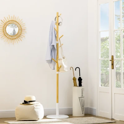 HOMCOM Cabide de Pé de Bambu Moderno com 8 Ganchos para Roupas Bolsas Ø37,8x175,6 cm Madeira e Branco