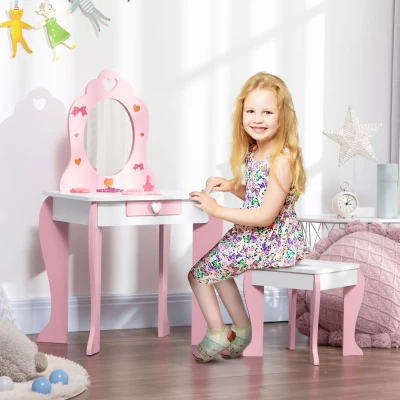 ZONEKIZ Set Tavolo Trucco con Sgabello e Specchio, Bianco e Rosa