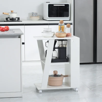 Carucior de bucatarie din lemn cu 2 rafturi 60x38x77cm Alb