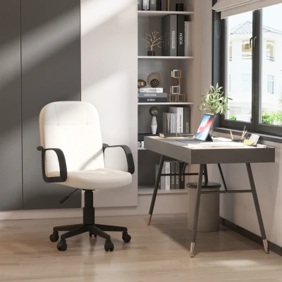 HOMCOM Swivel Executive Office Chair Home Mid Back PU Leather Computer Desk Chair for Adults with Arm, Wheels, Cream