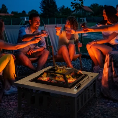 Outsunny Square Metal Fire Pit With Waterproof Cover-Black/Grey