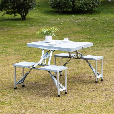 Outsunny Aluminium PP  4-Seater Portable Picnic Table and Bench Set Silver