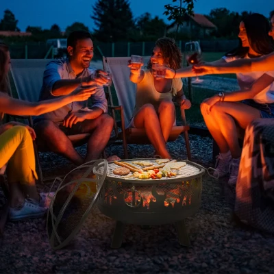 Outsunny Outdoor 2-In-1 Round Fire Pit with Lid, Grill, Poker, Handles, Metal Firepit Bowl for Backyard, Camping, BBQ, Bonfire, Wood Burning Stove, 61.5 x 61.5 x 52cm, Black