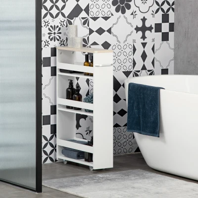 kleankin Armario Auxiliar de Baño Carrito con 3 Estantes y Ruedas para Espacios Estrechos 50x13x67,5 cm Blanco