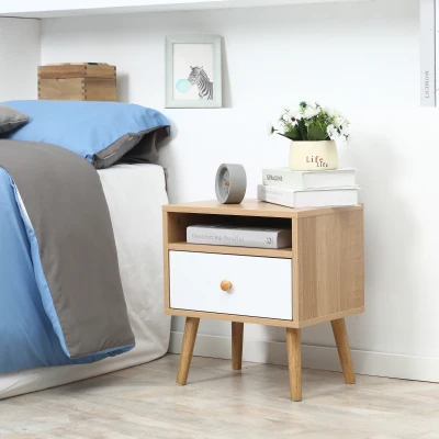 HOMCOM Wooden Bedside Table, with Drawer and Shelf, Modern Nightstand, End Table for Living Room, Bedroom, Natural