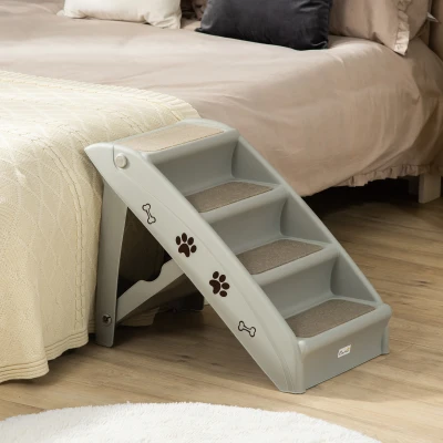 PawHut Foldable Four-Step Pet Stairs, for Cats, Small Miniature Dogs, with Non-Slip Mats 62 x 38 x 49.5cm - Grey