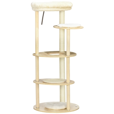 PawHut Ansamblu pentru pisici din PAL si lemn de pin cu stalp de zgariat pentru pisici din sisal, pat pentru pisici si stinghie de plus si bumbac PP, Ø54×123,5 cm, culoare stejar