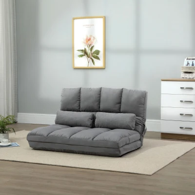 HOMCOM 2-In-1 Floor Sofa Lazy Bed, Folding Couch with 7 Position Adjustable Backrest, Thick Padding, Metal Frame and 2 Pillows, Light Grey