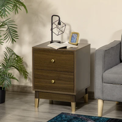 HOMCOM Bedside Table, Modern Nightstand with 2 Drawers, End Side Table for Bedroom and Living Room, Brown
