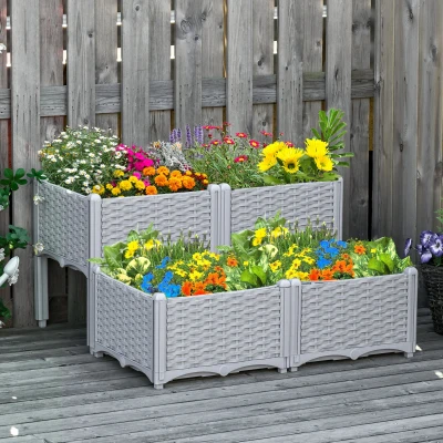 Outsunny Set of 4 Garden Raised Bed with Self-watering Disc, Elevated Planter Box, PP Vegetables Planting Container, Grey
