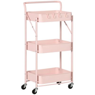 HOMCOM Carrito Auxiliar con Ruedas Carrito Plegable de 3 Niveles con 4 Ganchos y 3 Cestas Extraíbles 43x31x89 cm Rosa