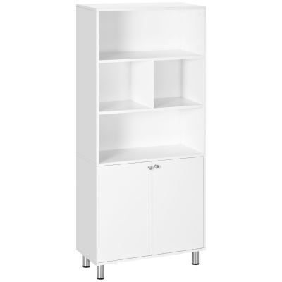 HOMCOM Estantería con Armario de 2 Puertas y Estantes Abiertos Librería para Salón Estudio Oficina 70x29,5x167 cm Blanco