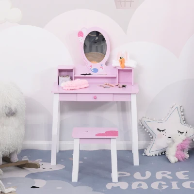 HOMCOM Tocador Infantil con Taburete y Espejo tipo Princesa Mesita de Maquillaje de Madera Rosa Juguete para Niñas 60x34x93 cm