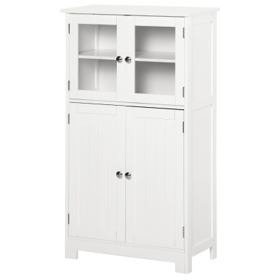 kleankin Armario Auxiliar de Baño con Puertas de Cristal y Estante Ajustable Armario Multifuncional 60x30x108,5cm Blanco