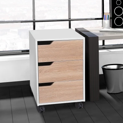 HOMCOM 3 Drawer Mobile File Cabinet, Vertical Filing Cabinet with Wheels for Home Office, Oak