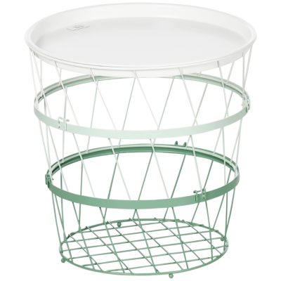 HOMCOM Mesa Auxiliar com Tampa Cesto de Organização Empilhável de Aço para Dormitório Sala de Estar Ø39,5x40,8cm Verde