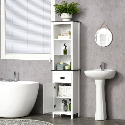 kleankin Coluna Casa de Banho com 3 Prateleiras de Armazenamento Armário e Gaveta 40x30x160cm Branco e Preto