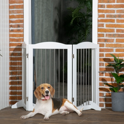 PawHut Barreira de Segurança para Cães Barreira de Segurança para Escadas e Portas Dobrável com Suporte de Pé 154x30x80cm Branco