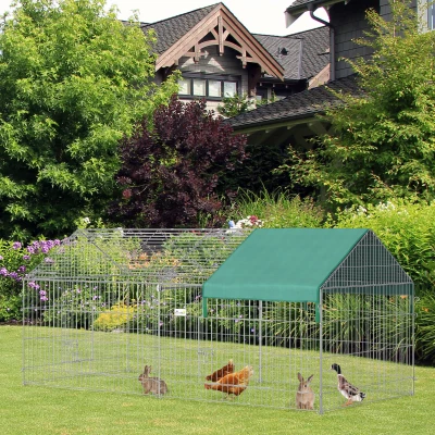 PawHut Gaiola para Animais de Estimação Gaiola para Coelhos e Galinhas com 2 Portas e Proteção Solar 220x103x103cm Prata e Verde