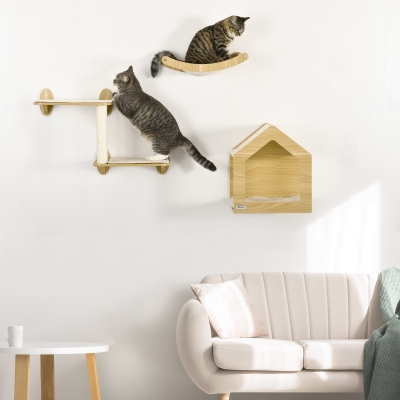 PawHut Prateleiras de Parede para Gatos 3 Peças com Caverna Rede Plataforma e Poste de Sisal Carvalho
